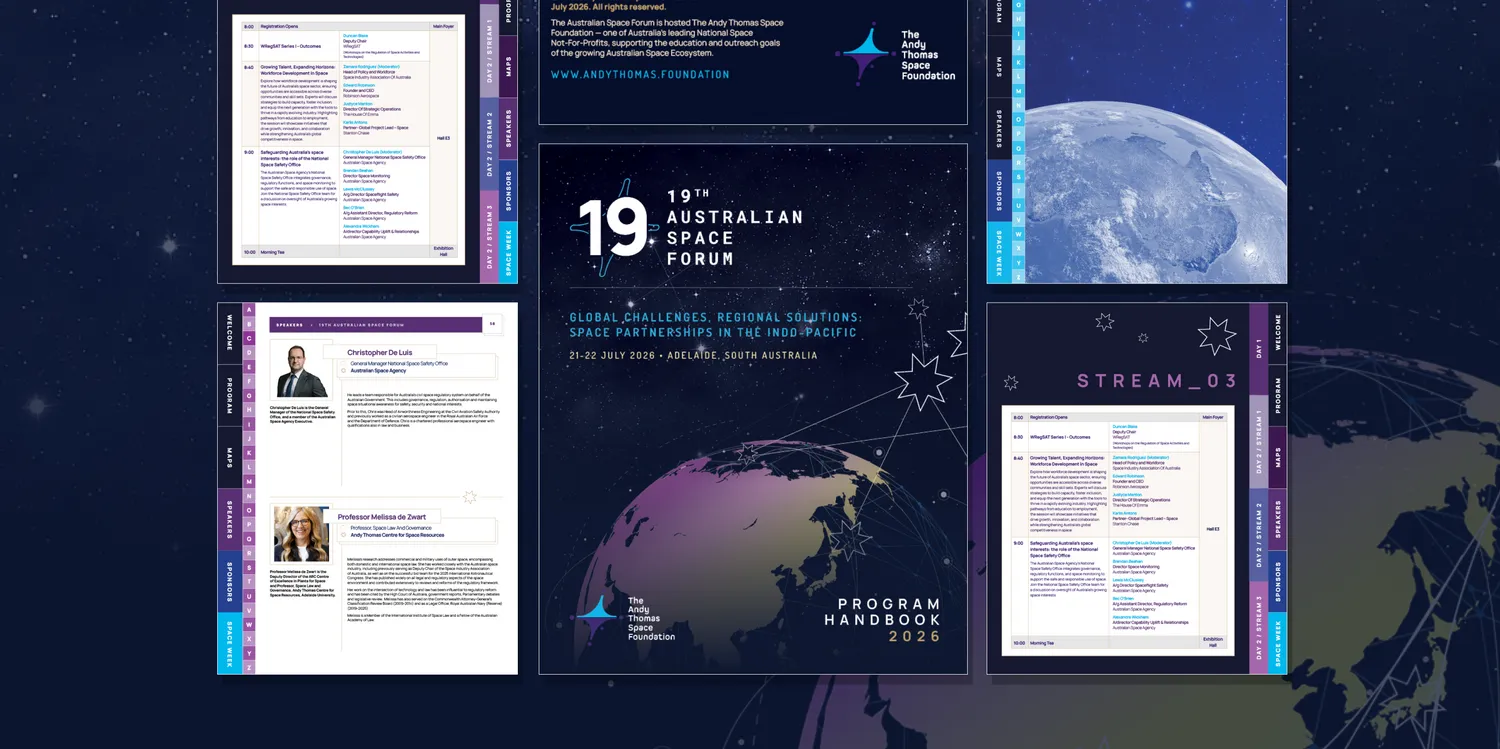 Designed event collateral including the 19th Australian Space Forum program handbook, speaker pages and stream schedules
