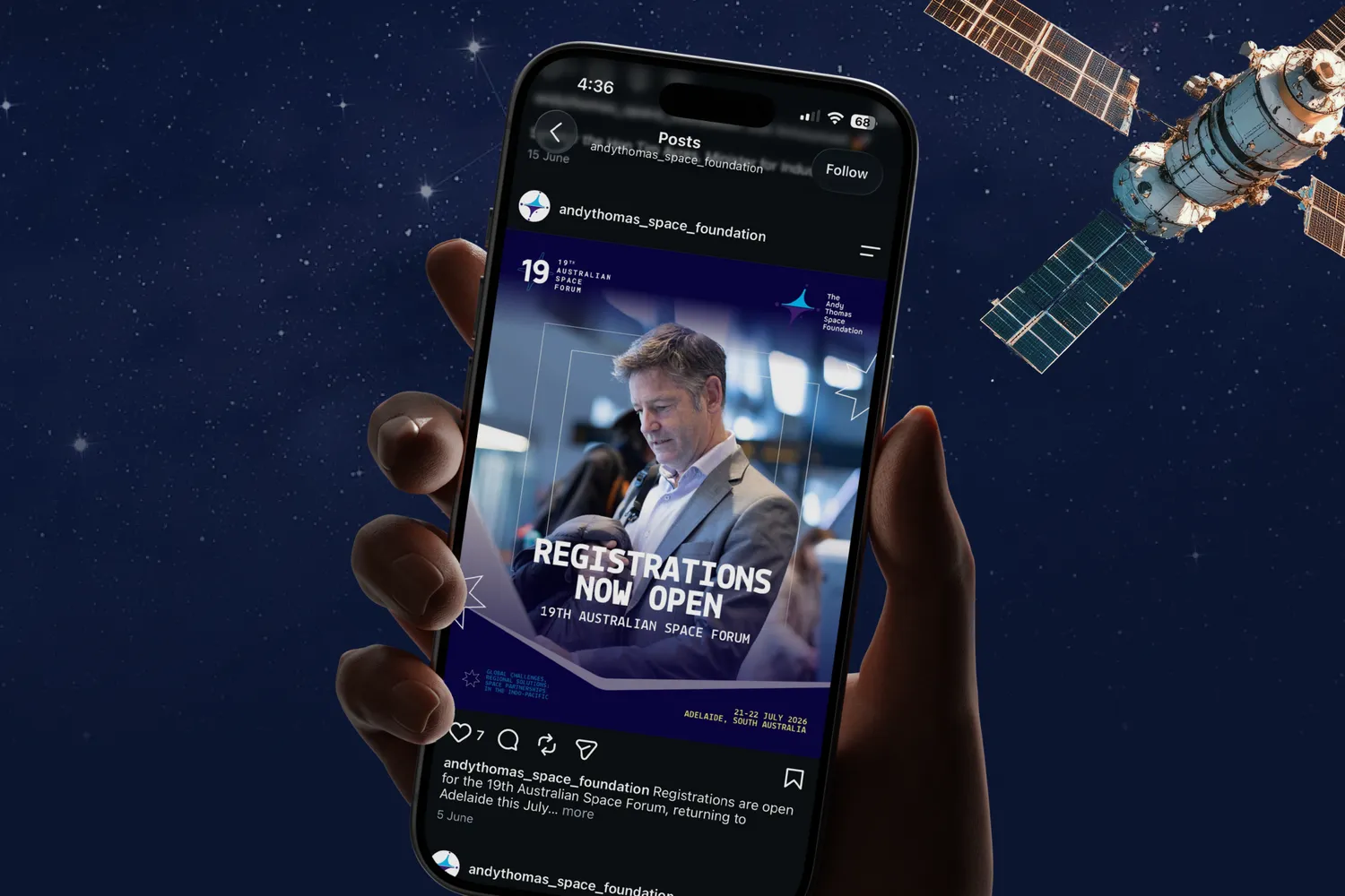 Instagram post on a phone screen from The Andy Thomas Space Foundation announcing registrations open for the 19th Australian Space Forum, held against a backdrop of a satellite in space.